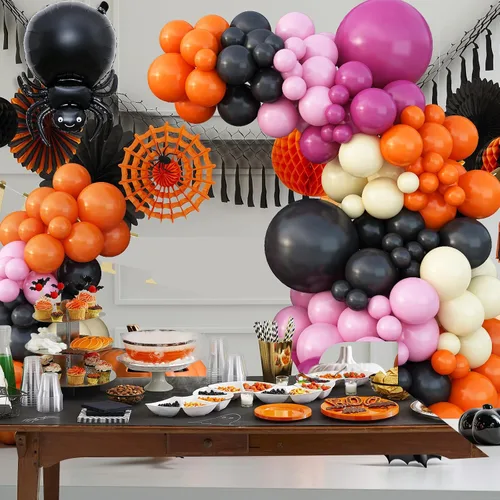Miniatura 7 de Kit de guirnalda de globos de Halloween, kit de arco de globos de Halloween negro, naranja, rosa, con globo amarillo pastel, araña, fantasma