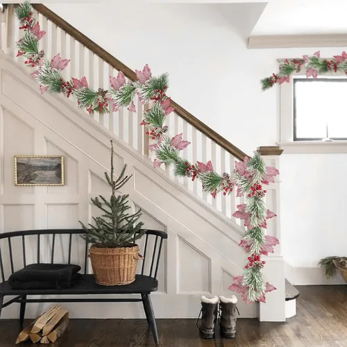 Miniatura 3 de CISDUEO - Guirnalda de Navidad Artificial de Flores de Nochebuena Poinsettia, Guirnalda de Bayas Rojas Artificiales con Piñas para Chimenea, Mantel