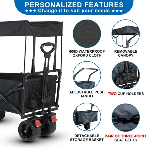 Miniatura 3 de SKYMANOR Carro plegable con toldo extraíble, carrito de jardín resistente 3 en 1 con ruedas grandes todo terreno, frenos, mango de empuje ajustable