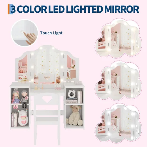 Miniatura 2 de GarveeHome Tocador para niños con luces, gabinete de almacenamiento y espejo plegable desmontable con luz táctil, juego de mesa y silla para niños