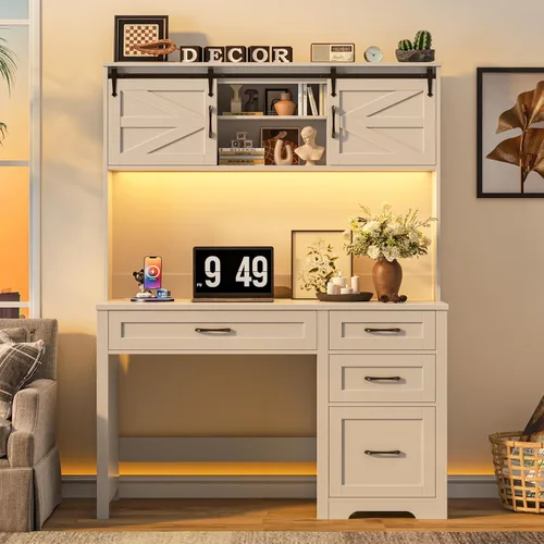 Escritorio ejecutivo de granja de 67 pulgadas de alto con gabinete, mesa de oficina con luz LED y 4 cajones, escritorio para computadora con
