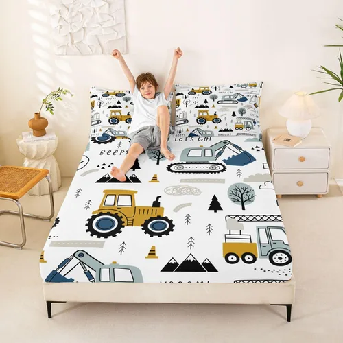 Miniatura 37 de Feelyou, juego de sábanas ajustadas con temática de construcción, niños, dinosaurios de dibujos animados, juego de ropa de cama para niños, Multi 37
