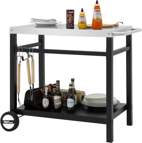 Royal Gourmet Mesa de Carrito de Comedor con Doble Estante, Carrito de Parrilla de Superficie Plana de Acero Inoxidable Móvil, Ganchos, Mango