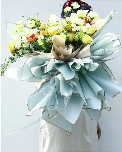 XICHEN 20 hojas de papel de regalo de flores de color puro, impermeable, con borde dorado, suministros de ramo de floristería, manualidades, Azul