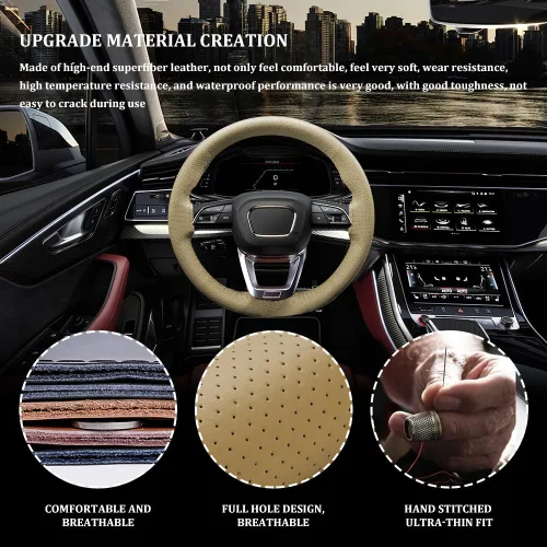 Miniatura 3 de Funda de cuero para volante, con cordones, transpirable, antideslizante, protector para volante de automóvil para un diámetro máximo de 15 pulgadas