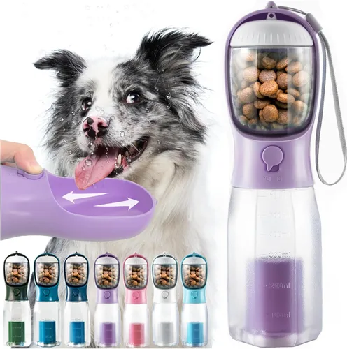 Miniatura 9 de Botella de agua portátil para perros pequeños, dispensador de cuencos de viaje 3 en 1 para mascotas con contenedor de alimentos y soporte para bolsa