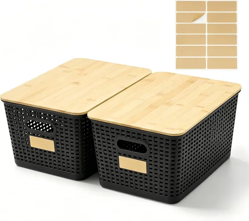 Miniatura 10 de Bagnizer Contenedores pequeños de plástico con tapas de bambú de 5.2 cuartos de galón, cesta apilable para despensa, contenedores decorativos lindos