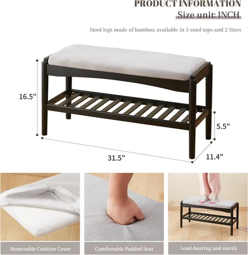 Miniatura 2 de STDDRE Banco para Zapatos de Entrada de Bambú de 2 Niveles Estante para Zapatos con Asiento Acolchado con Cojín, Organizador de Banco para Zapatos