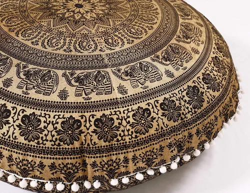 Popular Handicrafts Funda de cojín grande de elefante hippie mandala - Funda de cojín - Funda de puf redonda bohemia decoración de yoga - 32 Dorado