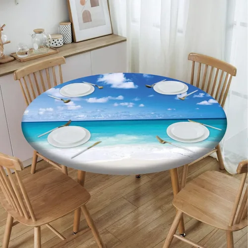 Miniatura 35 de Mantel con patrón de playa, borde elástico, impermeable, lavable, para uso en interiores y exteriores, patio, turquesa aguamarina, para mesas