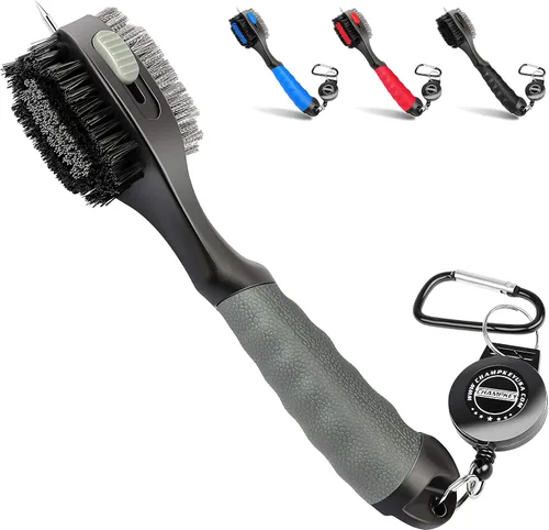 CHAMPKEY PRO - Cepillo retráctil para palos de golf, cabezal de cepillo de gran tamaño con agarre de goma suave y limpiador de ranuras retráctil,