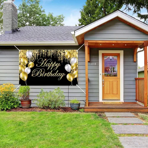 Miniatura 4 de Cartel de feliz cumpleaños negro y dorado con texto en inglés «It's My Birthday», telón de fondo para baby shower, fiesta interior y exterior