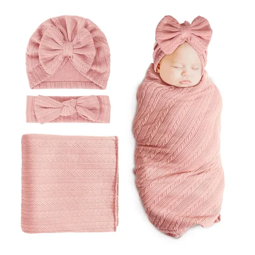Miniatura 9 de DRESHOW BQUBO Manta de recepción para recién nacido, cálida para niñas con sombrero de lazo y diadema de lazo, regalo para baby shower 1 juego