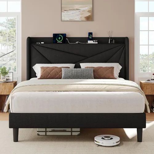 Miniatura 10 de iPormis Base de cama tamaño Queen con estación de carga, marco de cama de plataforma de lino con cabecera tapizada con respaldo de ala, soporte