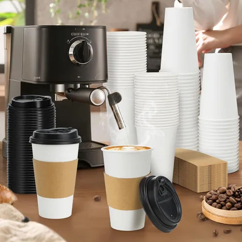 Miniatura 4 de Lamosi Paquete de 100 tazas de café desechables de 16 onzas con tapas y mangas, a prueba de fugas, tazas de café de papel con tapas, bebidas