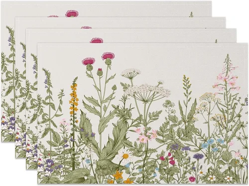 Juego de 6 manteles individuales vintage con flores silvestres de 12 x 18 pulgadas, manteles individuales de tela de lino con plantas de jardín