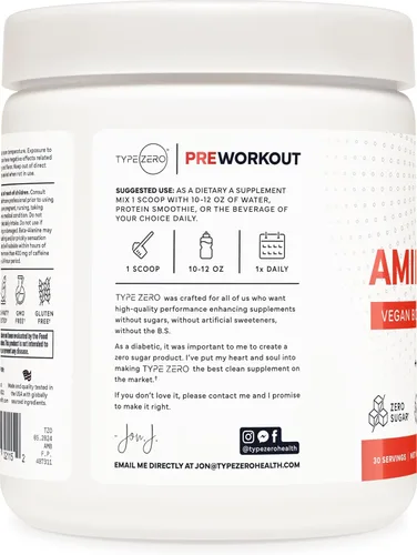 Miniatura 6 de Type Zero AminoBurn - Suplemento natural para antes del entrenamiento + BCAA (Tropical Punch 30serv) sin azúcar BCAA Aminoácidos Suplemento Keto
