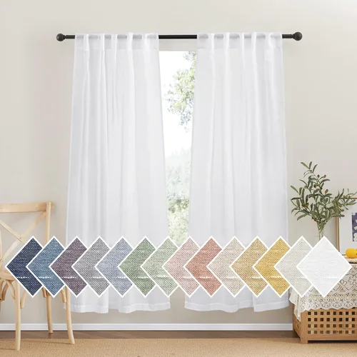NICETOWN - Cortinas de lino traslúcidas blancas de 72 pulgadas de largo, 2 paneles, con bolsillo para cortinero y trabilla trasera, semitraslúcidas,