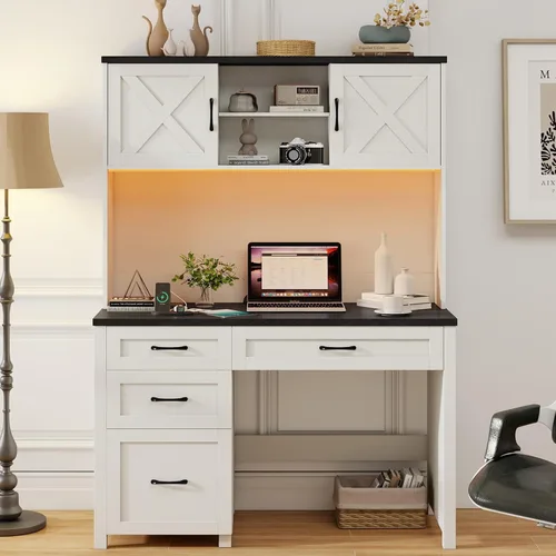 Miniatura 8 de Escritorio ejecutivo Farmhouse de 67" de altura con estante superior, escritorio de oficina con 4 cajones y luz LED, mesa de computadora con Gris