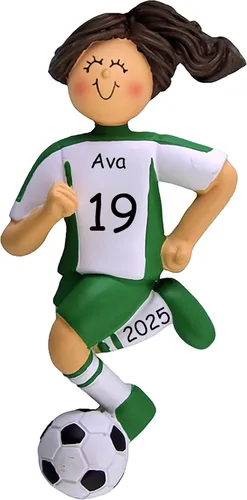Miniatura 5 de Adorno de Navidad personalizado de fútbol, uniforme blanco y negro, niña, cabello rubio, bola de regate, resina pintada a mano, 4.5 pulgadas