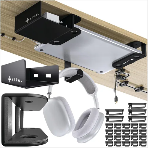 VI+AL Soporte para laptop debajo del escritorio - Estante oculto de metal con almacenamiento lateral, gancho y organizador de cables - Se instala