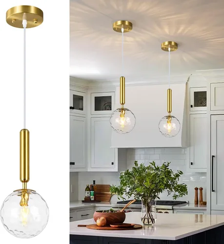 Lámpara Colgante Moderna Dorada Luminaria Colgante para Isla de Cocina de Mediados de Siglo con Lámpara Colgante de Globo Vidrio Transparente Oro