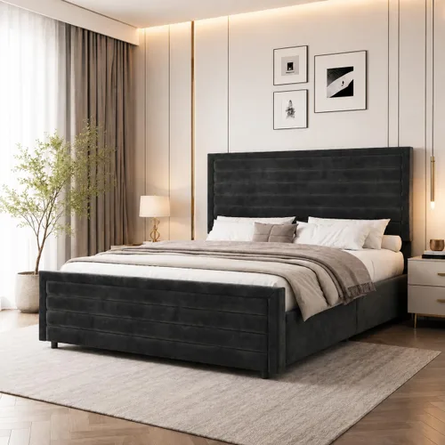 Miniatura 8 de REVOMINCA Armazón de cama tamaño completo (Full Size), plataforma tapizada con cabecera y pie de cama de terciopelo, base de colchón con listones