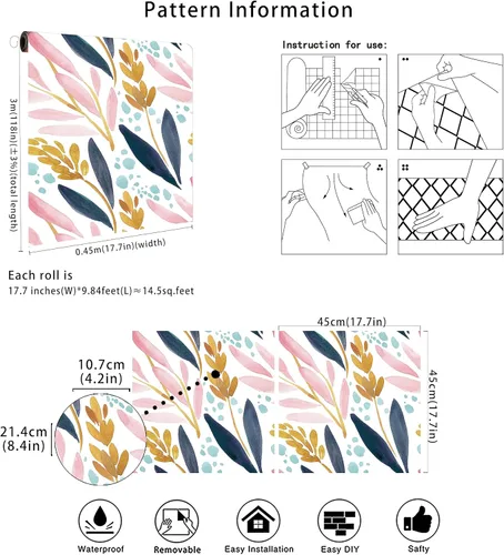 Miniatura 7 de HaokHome - Papel tapiz adhesivo para repisas, vinilo, bosque en acuarela, diseño floral, color blanco, rosa, azul marino y amarillo, removible, 17.7