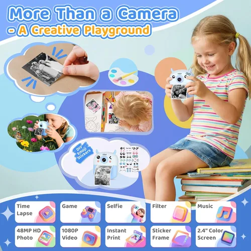 Miniatura 4 de Cámara de impresión instantánea para niños, regalo de cumpleaños para niños de 3 a 12 años, cámara digital selfie con video de 1080P y pantalla