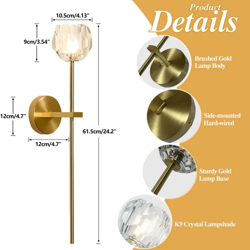 Miniatura 2 de BOKT Juego de 2 apliques de pared de cristal dorado moderno de mediados de siglo, juego de 2 lámparas de pared largas de latón cepillado dorado