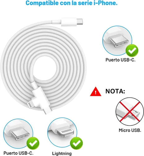 Miniatura 2 de Cargador de iPhone 17/16/15/14/13/12 de 30W Bloque de Carga Rápida con Cable Largo de 6 Pies de C a Tipo C y Lightning. Carga Rápida para Todos