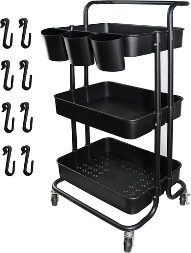 Carrito utilitario de 3 niveles con ruedas multifuncional, organizador de estante con asa y ruedas bloqueables para el hogar, cocina, baño, Negro