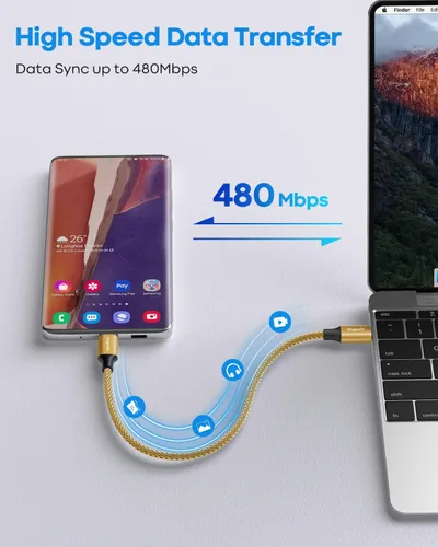 Miniatura 4 de etguuds Cable USB C a USB C dorado de 1 pie, paquete de 2 cables USBC a USBC de 60 W, cable de carga tipo C a C, cable de carga rápida para iPhone