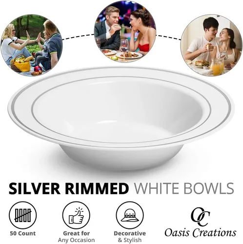 Miniatura 5 de Cuencos blancos con borde plateado, 12 onzas, 50 unidades, plástico duro, desechables o reutilizables, cuencos de postre, ensalada, cereales, pasta