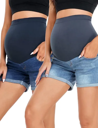 HOFISH Pantalones cortos de mezclilla para mujer, sobre el vientre, soporte de embarazo, transpirables, pantalones cortos de mezclilla de maternidad