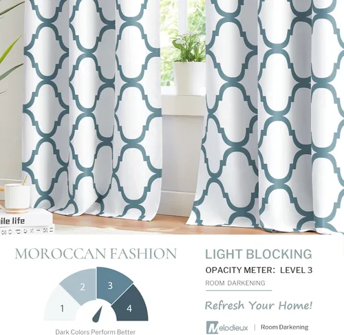 Miniatura 4 de Melodieux - Cortinas opacas estilo marroquí con aislamiento térmico y ojales para oscurecer sala de estar, 2 paneles. Blanco hueso/verde azulado