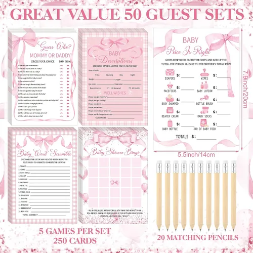 Miniatura 5 de Patelai Juego de 321 decoraciones de baby shower de lazo rosa 5 juegos incluyen cinta rosa Baby Shower Bingo Word Scramble Descripción El precio