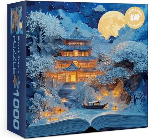Hermoso rompecabezas de corte de papel de paisaje para adultos, 1000 piezas, rompecabezas estético de árbol de barco luna, rompecabezas de arte azul