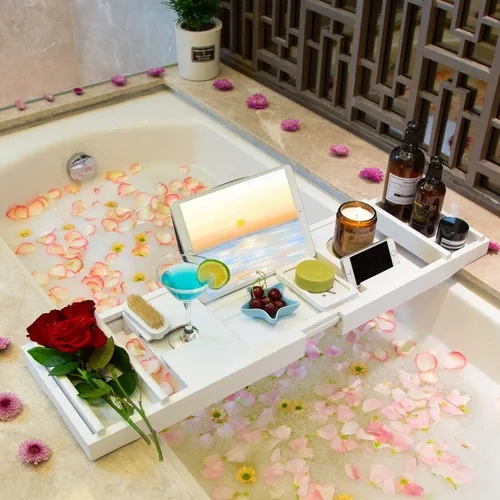 Miniatura 2 de Bandeja Organizadora para Bañera para Baño de Lujo - Mesa de Baño de Bambú Impermeable Expandible sobre la Bañera con Portavinos y Portallibros