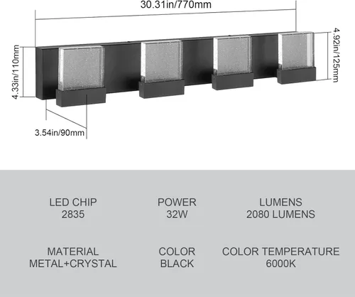 Miniatura 5 de Lámpara de tocador de baño de 30.5 pulgadas con 4 burbujas, color negro, lámpara LED sobre espejo, moderna, 6000 K