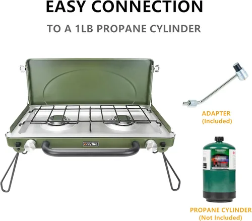 Miniatura 3 de Estufa de gas portátil para campamento de 2 quemadores, estufa de propano con patas plegables, pestillo y asa de alta resistencia para patio, Verde