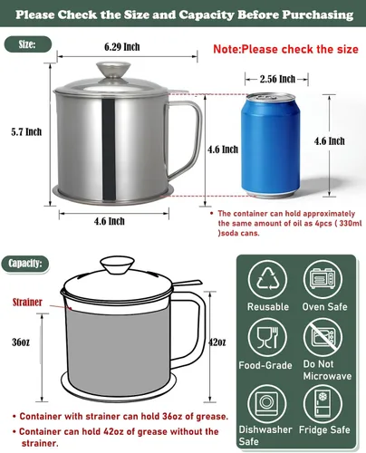 Miniatura 2 de Tellshun Recipiente de grasa de tocino con colador de 1.25 L / 42 oz fuerte atrapador de cocina de acero inoxidable de grado alimenticio con tapa