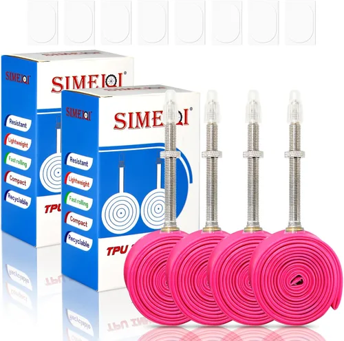 Paquete de 4 tubos interiores ultraligeros de TPU para bicicleta, 700X18C/23C/25C/28C/30C/32C, válvula Presta de 45/65/3.346 in, color rosa para