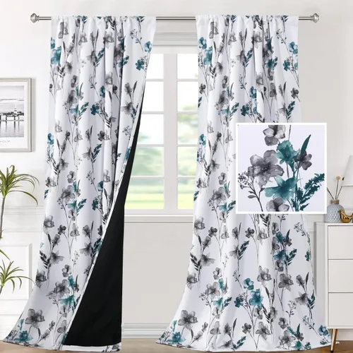 Miniatura 10 de H.VERSAILTEX Cenefas de cortina 100% opacas para ventanas de cocina, juego de 2 paneles de Cattleya con estampado floral Leah con aislamiento