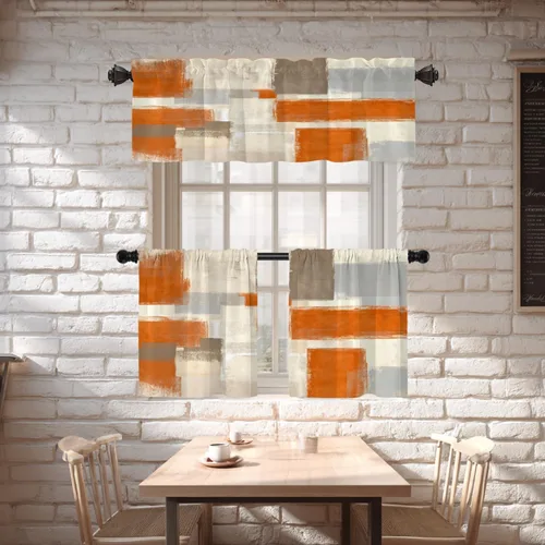 Miniatura 2 de Shrahala Beige and Orange Abstract Art Brushstrokes Blackout Curtain Tiers, Abstract Oil Paint Kitchen Valance Light Blocking Tier Drapes with Rod