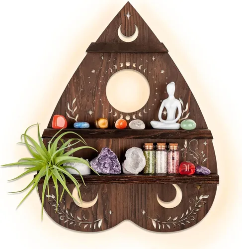 Estante de pared de cristal ANROYE para piedra, arte de soporte de cristal pagano vintage con luz, almacenamiento de gemas de madera wiccana para el