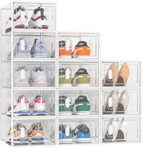 Miniatura 10 de SIMPDIY Almacenamiento de zapatos, paquete de 12 organizadores de zapatos para armario, cajas de zapatos apilables de plástico transparente con Negro