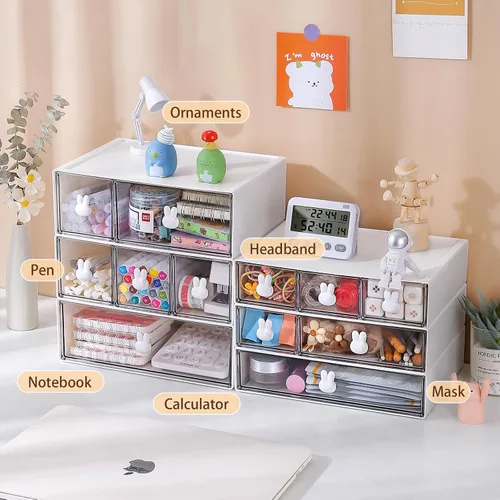 Miniatura 3 de Organizador de escritorio de plástico con cajones, organizador de escritorio con cajones, organizador de cajones de 3 niveles con 6 cajones, cajones