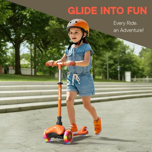 Miniatura 3 de Mini scooter naranja de 3 ruedas para niños, dirección por inclinación con ruedas LED iluminadas, manubrio ajustable, cubierta ancha antideslizante