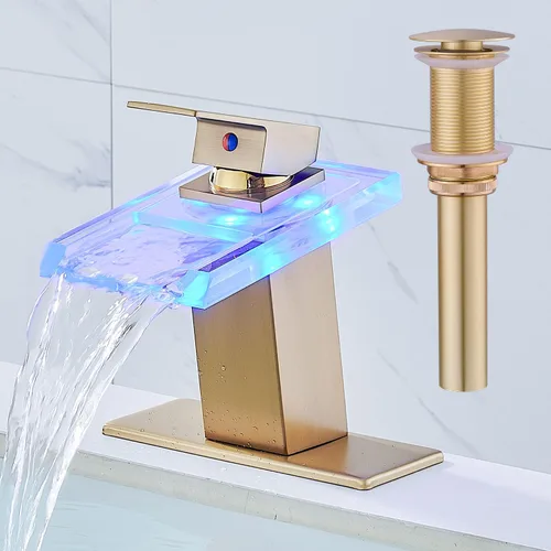 AVSIILE llave LED para fregadero de baño, grifo de lavabo de cascada dorado cepillado con un orificio, mango de un solo agujero para fregaderos, 1